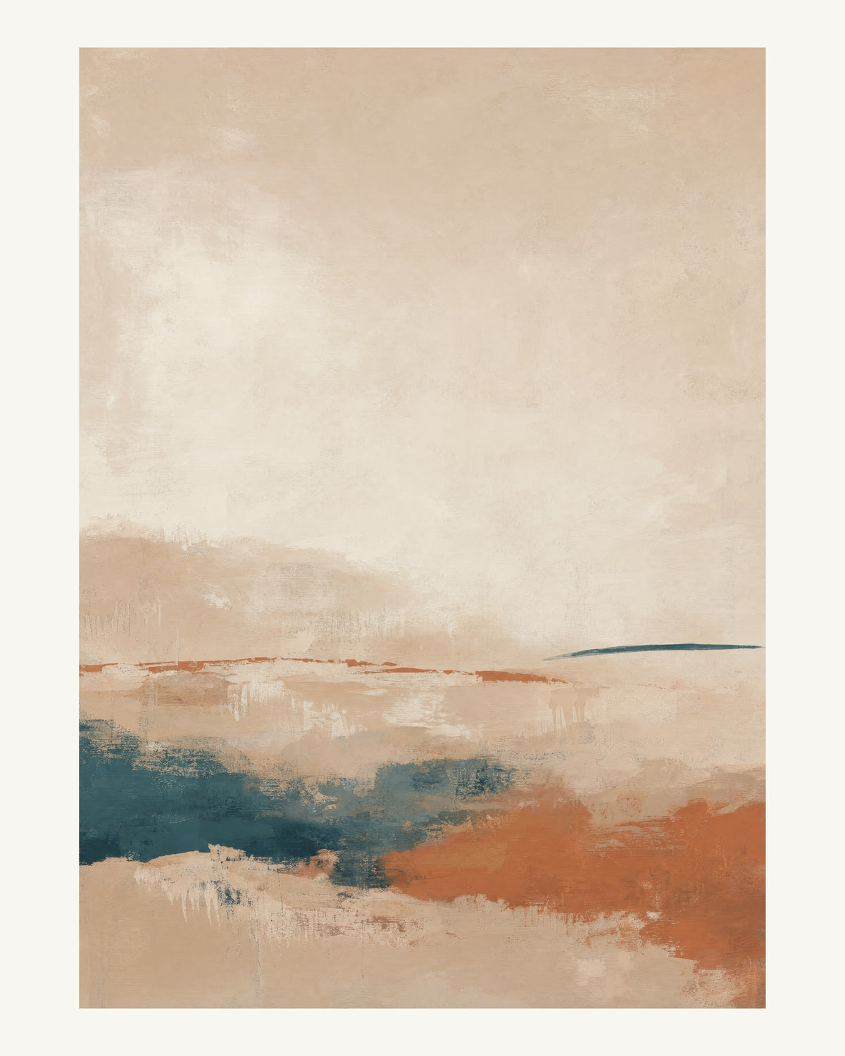 Abstrakt måleriskt motiv i ljus bambu, pappersvitt, petroleum, bränd terrakotta. Breda, ojämna färglager möts kring en avbruten horisont och lämnar gott om ljus luft. 40 × 50 cm.