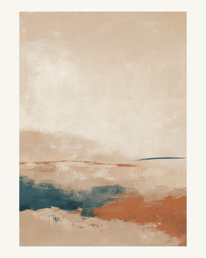 Abstrakt måleriskt motiv i ljus bambu, pappersvitt, petroleum, bränd terrakotta. Breda, ojämna färglager möts kring en avbruten horisont och lämnar gott om ljus luft. 40 × 50 cm.