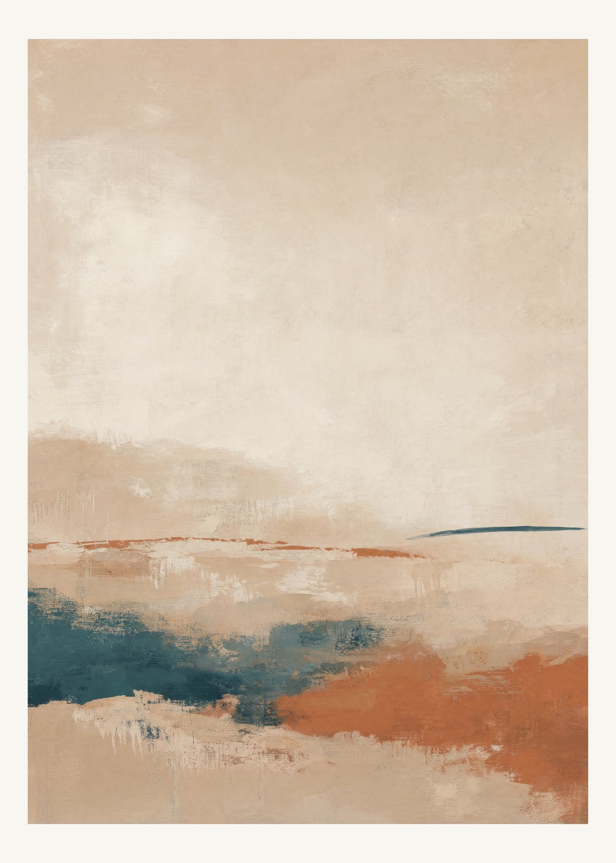 Abstrakt måleriskt motiv i ljus bambu, pappersvitt, petroleum, bränd terrakotta. Breda, ojämna färglager möts kring en avbruten horisont och lämnar gott om ljus luft. 50 × 70 cm.
