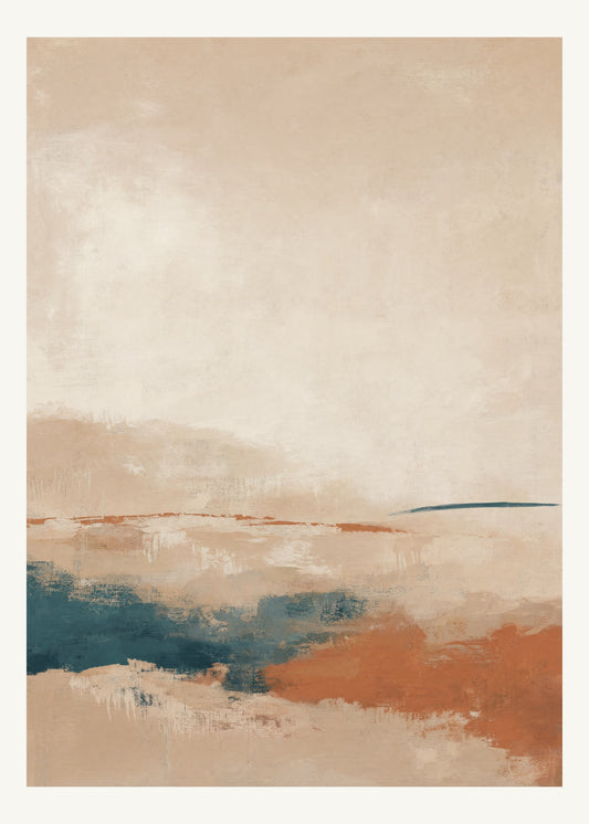 Abstrakt måleriskt motiv i ljus bambu, pappersvitt, petroleum, bränd terrakotta. Breda, ojämna färglager möts kring en avbruten horisont och lämnar gott om ljus luft. 50 × 70 cm.