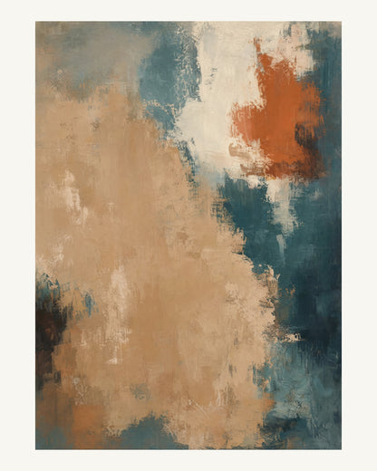 Abstrakt måleriskt motiv i ljus bambu, pappersvitt, petroleum, bränd terrakotta. Ett fylligt, oregelbundet färgfält får tyngd av skrapade lager och bryts av ljusare öppningar. 40 × 50 cm.