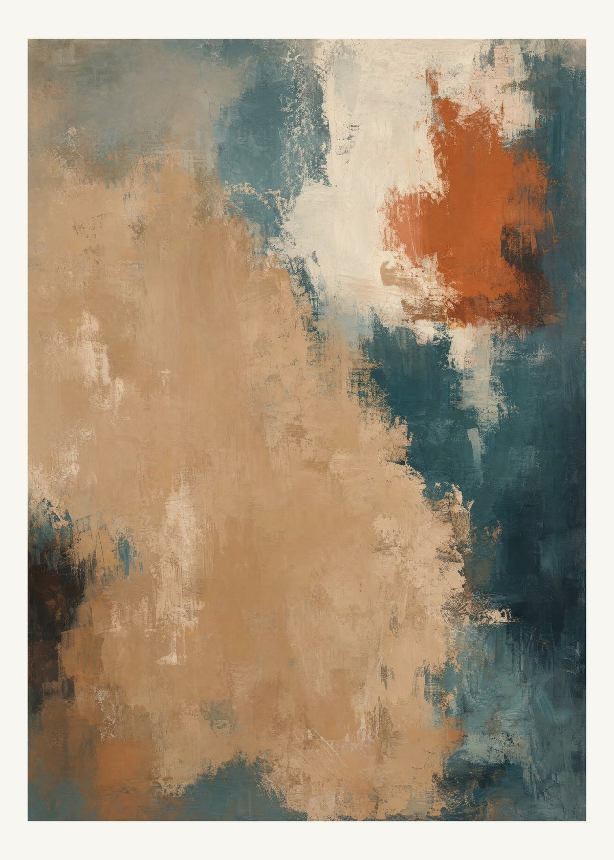 Abstrakt måleriskt motiv i ljus bambu, pappersvitt, petroleum, bränd terrakotta. Ett fylligt, oregelbundet färgfält får tyngd av skrapade lager och bryts av ljusare öppningar. 50 × 70 cm.