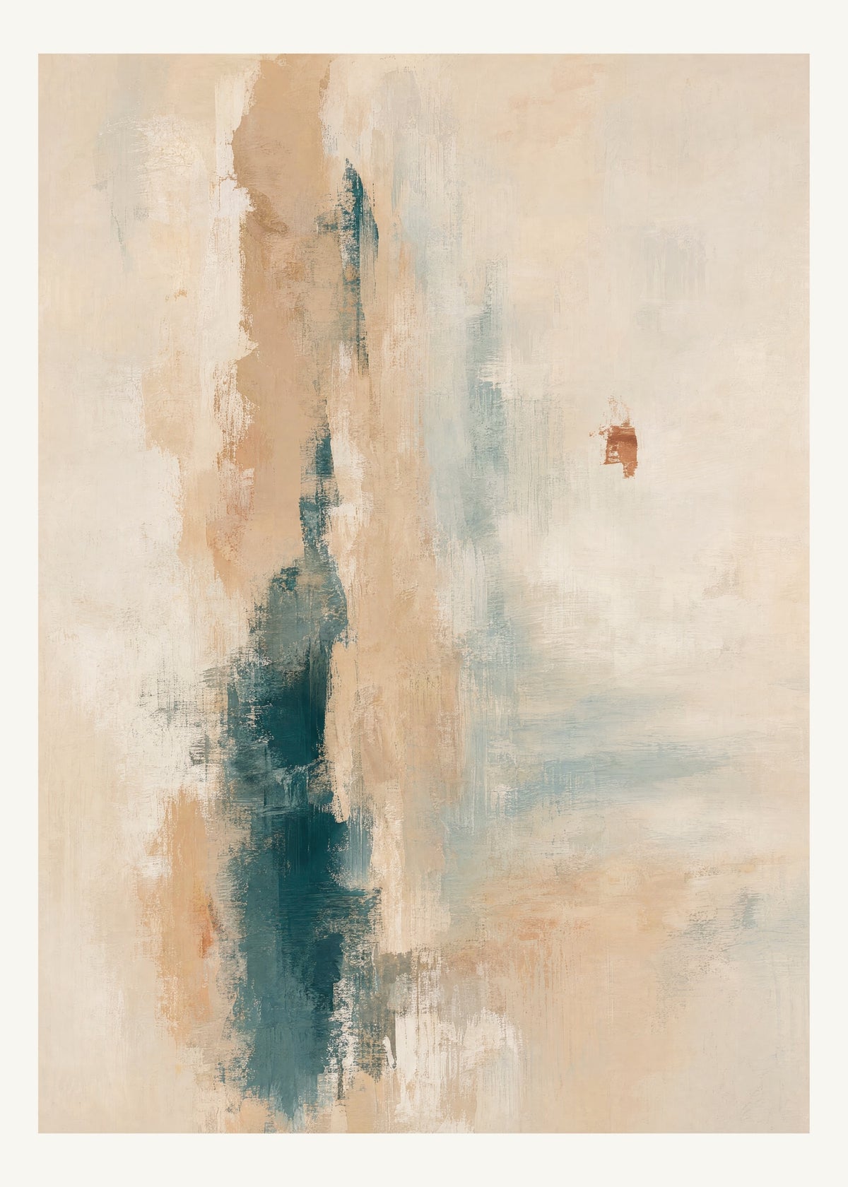 Abstrakt måleriskt motiv i ljus bambu, pappersvitt, petroleum, bränd terrakotta. Ett brutet lodrätt färgstråk möter tunna utsuddade slöjor och en liten förskjuten accent. 50 × 70 cm.