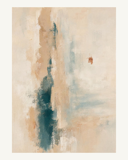 Abstrakt måleriskt motiv i ljus bambu, pappersvitt, petroleum, bränd terrakotta. Ett brutet lodrätt färgstråk möter tunna utsuddade slöjor och en liten förskjuten accent. 40 × 50 cm.