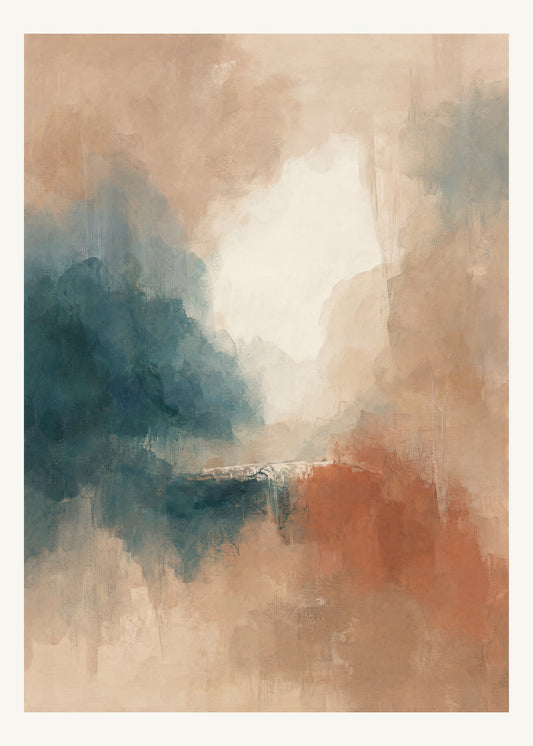 Abstrakt måleriskt motiv i ljus bambu, pappersvitt, petroleum, bränd terrakotta. Mjuka färgfält löser upp sig kring ett ljust mellanrum, med diskreta skrapningar som ger ytan liv. 50 × 70 cm.