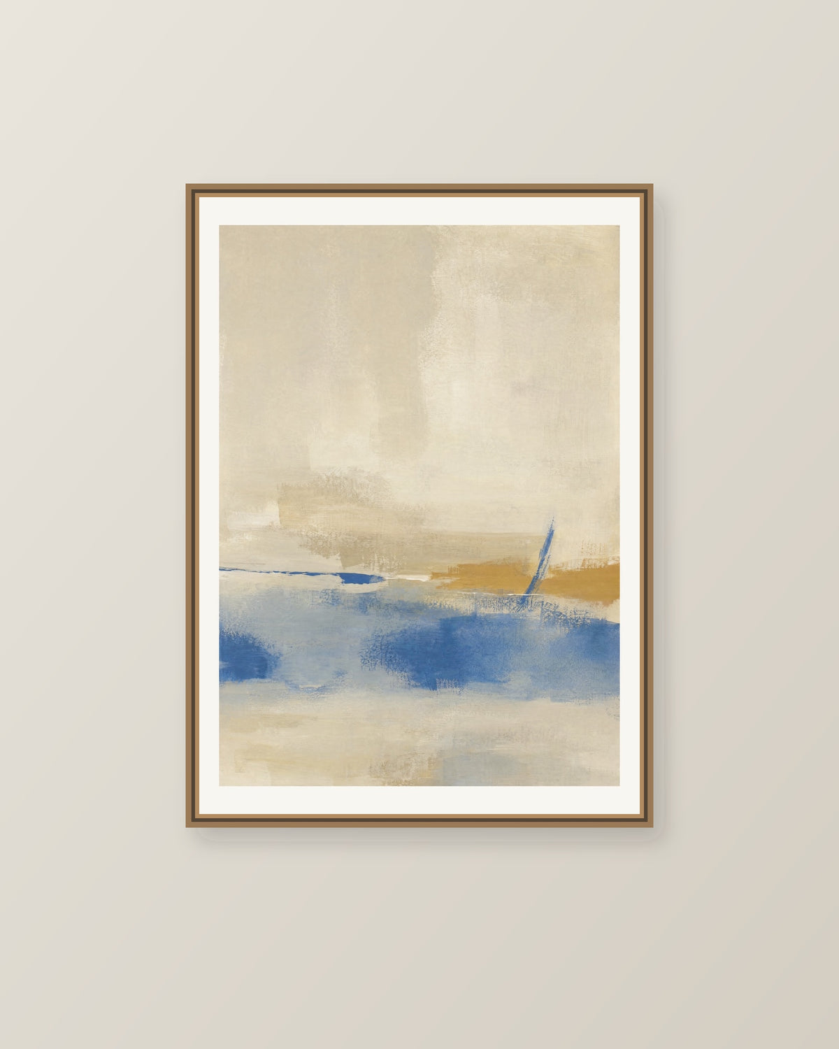 Abstrakt måleriskt motiv i beige, kalkvitt, ultramarin, dämpad ockra. Breda, ojämna färglager möts kring en avbruten horisont och lämnar gott om ljus luft. Illustrerad inramningsvy. Ram ingår inte.