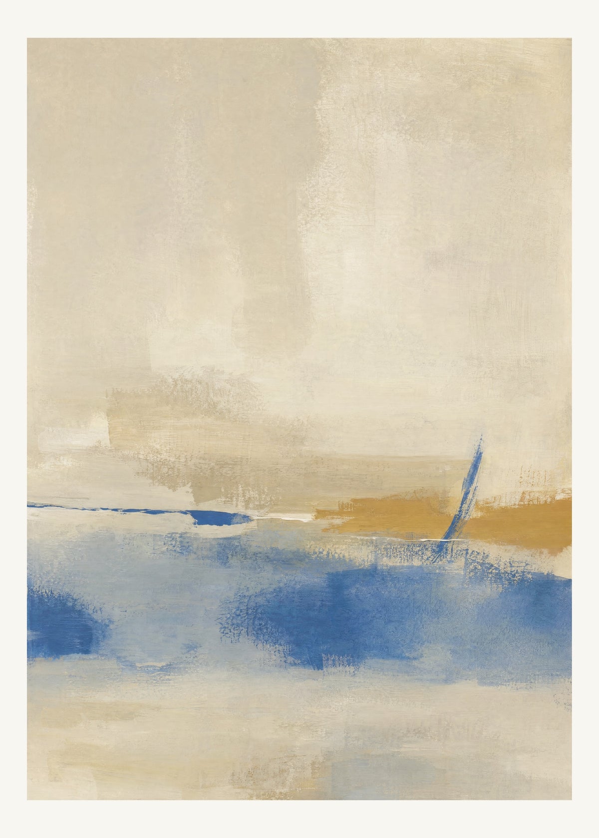 Abstrakt måleriskt motiv i beige, kalkvitt, ultramarin, dämpad ockra. Breda, ojämna färglager möts kring en avbruten horisont och lämnar gott om ljus luft. 50 × 70 cm.