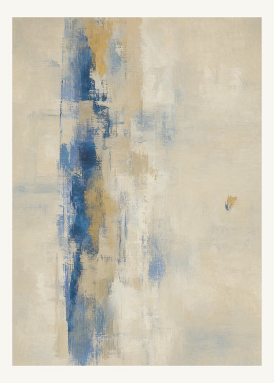 Abstrakt måleriskt motiv i beige, kalkvitt, ultramarin, dämpad ockra. Ett brutet lodrätt färgstråk möter tunna utsuddade slöjor och en liten förskjuten accent. 50 × 70 cm.