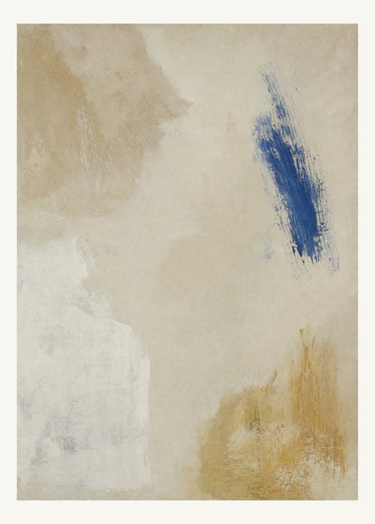 Abstrakt måleriskt motiv i beige, kalkvitt, ultramarin, dämpad ockra. Fristående färgavtryck i olika storlek lämnar generösa mellanrum och låter papprets ljusa yta bära bilden. 50 × 70 cm.