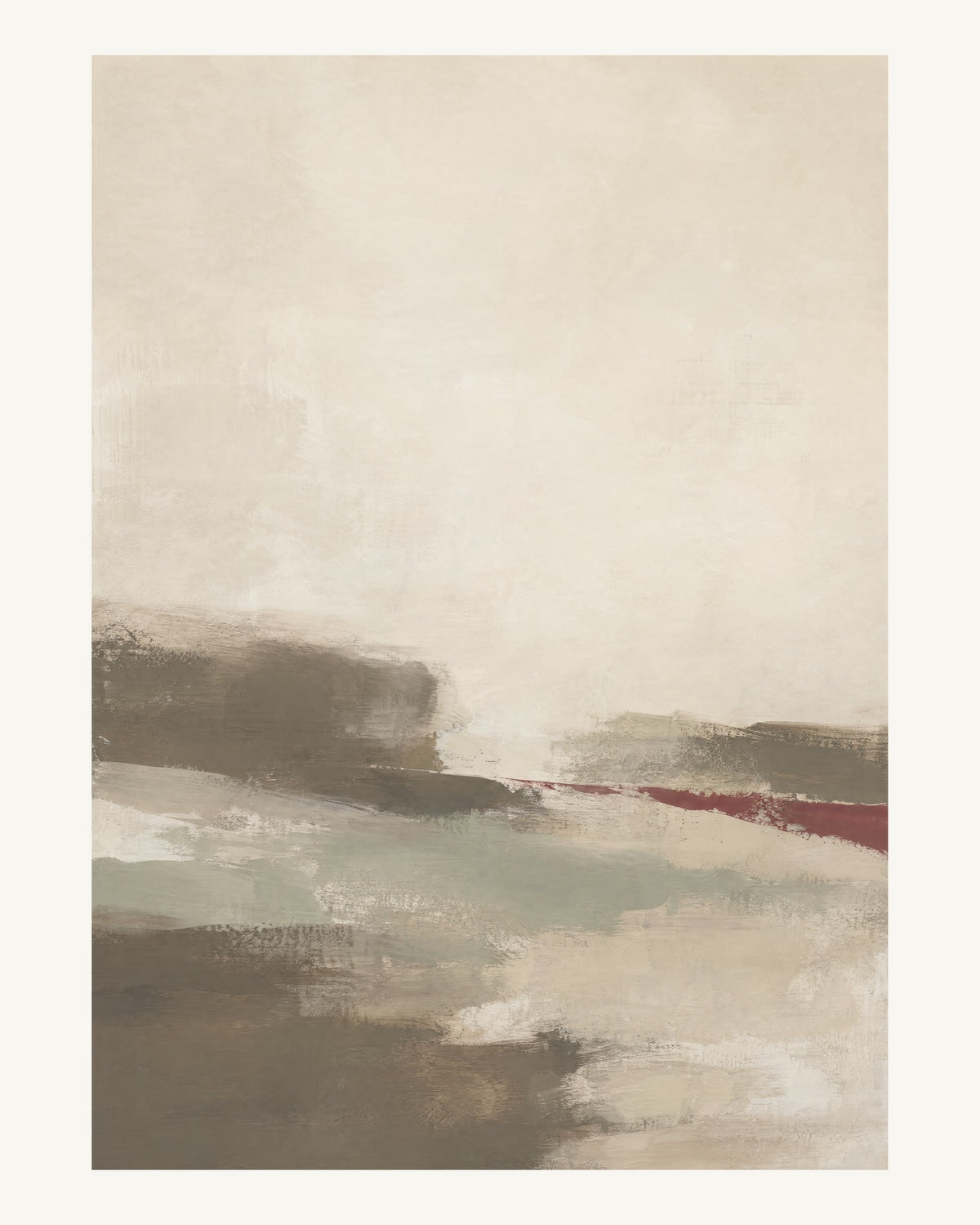 Abstrakt måleriskt motiv i brun-beige, varm krita, vinrött, dämpad salvia. Breda, ojämna färglager möts kring en avbruten horisont och lämnar gott om ljus luft. 40 × 50 cm.