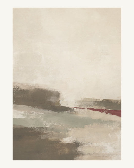 Abstrakt måleriskt motiv i brun-beige, varm krita, vinrött, dämpad salvia. Breda, ojämna färglager möts kring en avbruten horisont och lämnar gott om ljus luft. 40 × 50 cm.
