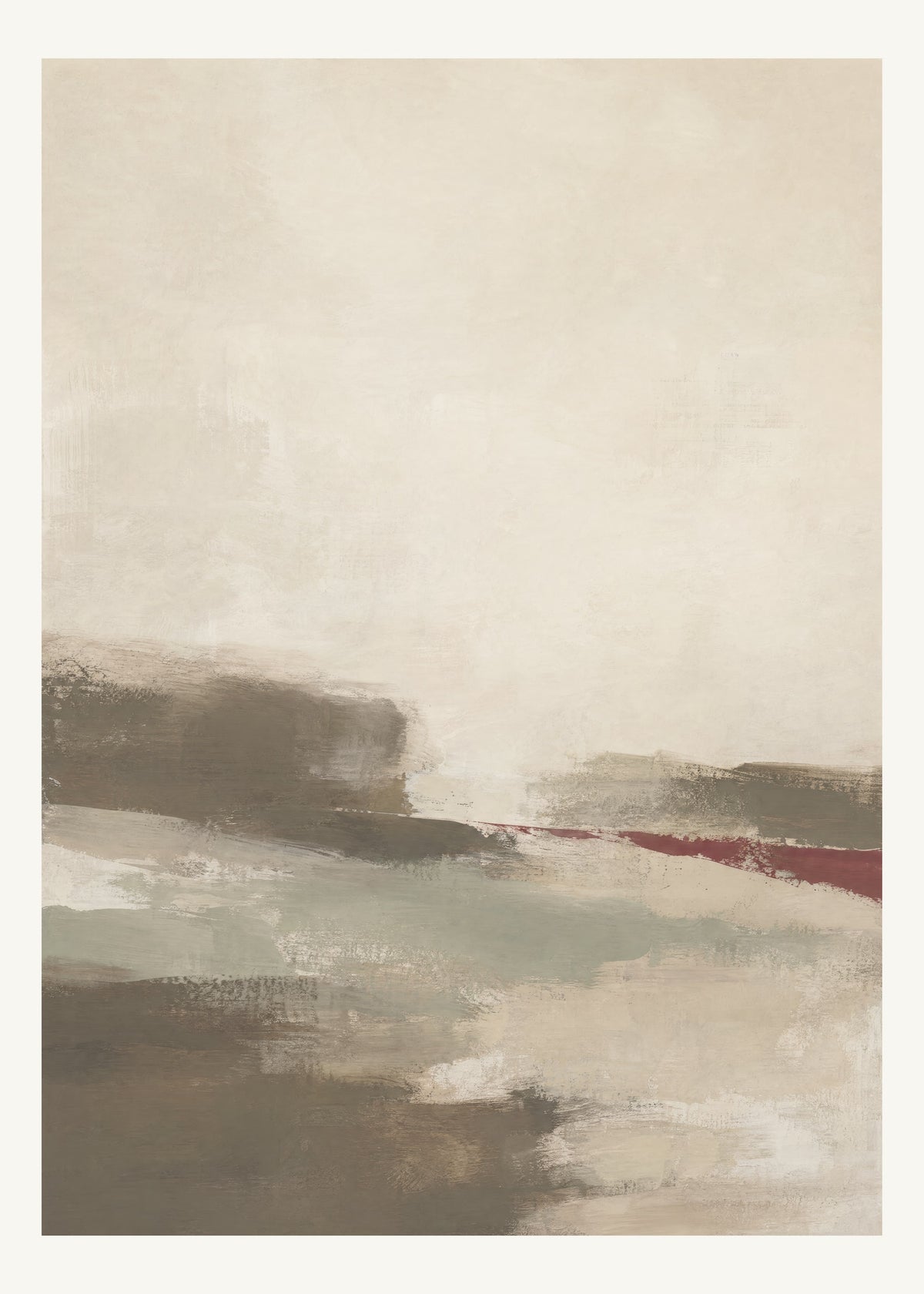 Abstrakt måleriskt motiv i brun-beige, varm krita, vinrött, dämpad salvia. Breda, ojämna färglager möts kring en avbruten horisont och lämnar gott om ljus luft. 50 × 70 cm.