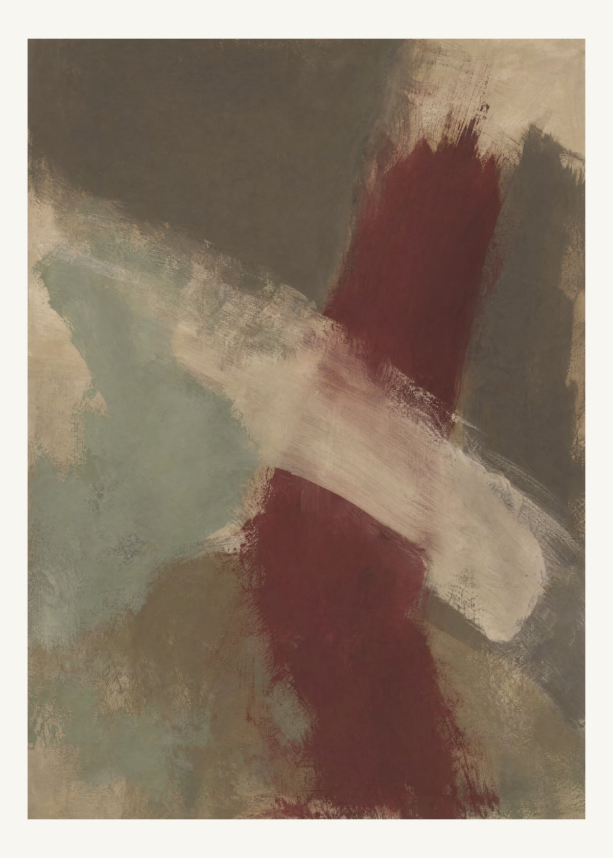 Abstrakt måleriskt motiv i brun-beige, varm krita, vinrött, dämpad salvia. Två olika penselrörelser möts i en öppen, asymmetrisk komposition med synliga underliggande färglager. 50 × 70 cm.