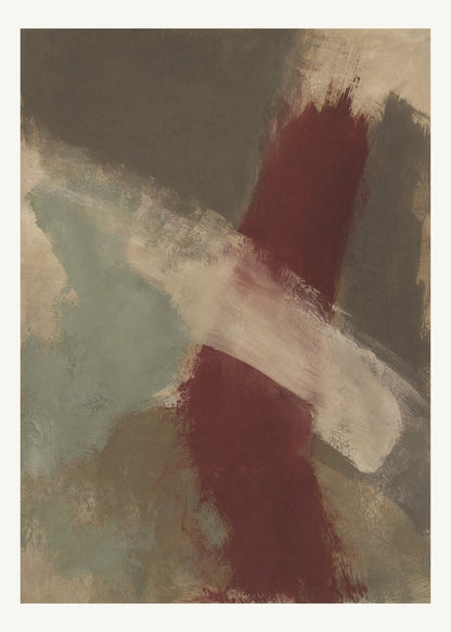 Abstrakt måleriskt motiv i brun-beige, varm krita, vinrött, dämpad salvia. Två olika penselrörelser möts i en öppen, asymmetrisk komposition med synliga underliggande färglager. 50 × 70 cm.