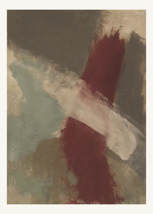 Abstrakt måleriskt motiv i brun-beige, varm krita, vinrött, dämpad salvia. Två olika penselrörelser möts i en öppen, asymmetrisk komposition med synliga underliggande färglager. 50 × 70 cm.