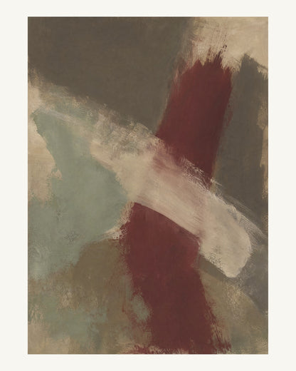 Abstrakt måleriskt motiv i brun-beige, varm krita, vinrött, dämpad salvia. Två olika penselrörelser möts i en öppen, asymmetrisk komposition med synliga underliggande färglager. 40 × 50 cm.