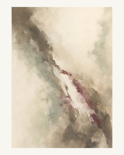 Abstrakt måleriskt motiv i brun-beige, varm krita, vinrött, dämpad salvia. Tunna färgslöjor glider diagonalt över ljusa partier, med ett tätare färgavtryck som motvikt. 40 × 50 cm.