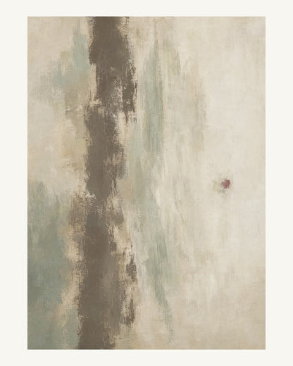 Abstrakt måleriskt motiv i brun-beige, varm krita, vinrött, dämpad salvia. Ett brutet lodrätt färgstråk möter tunna utsuddade slöjor och en liten förskjuten accent. 40 × 50 cm.
