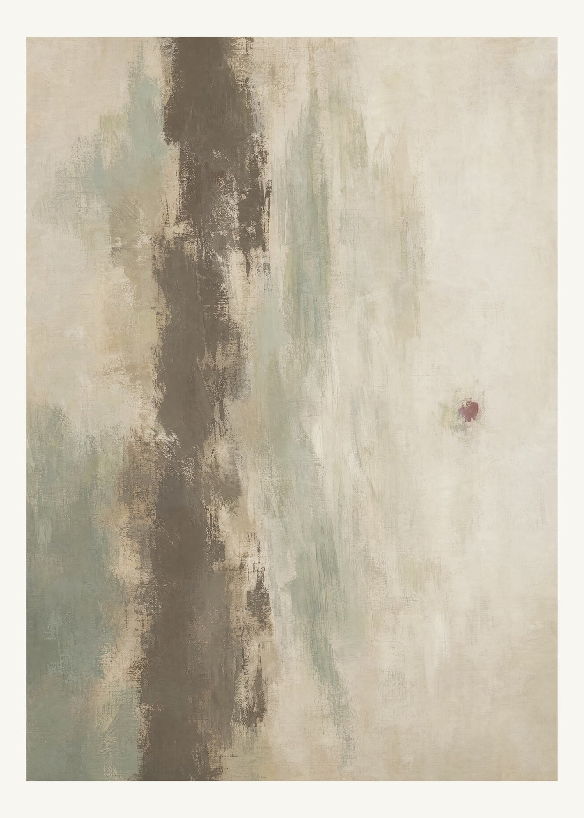 Abstrakt måleriskt motiv i brun-beige, varm krita, vinrött, dämpad salvia. Ett brutet lodrätt färgstråk möter tunna utsuddade slöjor och en liten förskjuten accent. 50 × 70 cm.