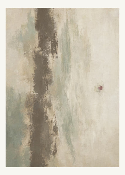 Abstrakt måleriskt motiv i brun-beige, varm krita, vinrött, dämpad salvia. Ett brutet lodrätt färgstråk möter tunna utsuddade slöjor och en liten förskjuten accent. 50 × 70 cm.