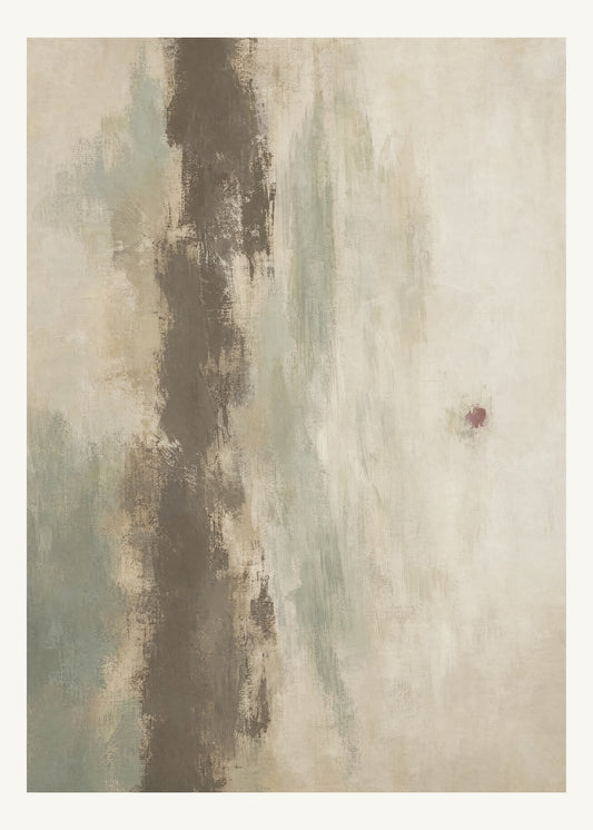 Abstrakt måleriskt motiv i brun-beige, varm krita, vinrött, dämpad salvia. Ett brutet lodrätt färgstråk möter tunna utsuddade slöjor och en liten förskjuten accent. 50 × 70 cm.