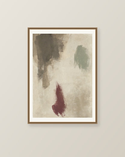 Abstrakt måleriskt motiv i brun-beige, varm krita, vinrött, dämpad salvia. Fristående färgavtryck i olika storlek lämnar generösa mellanrum och låter papprets ljusa yta bära bilden. Illustrerad inramningsvy. Ram ingår inte.