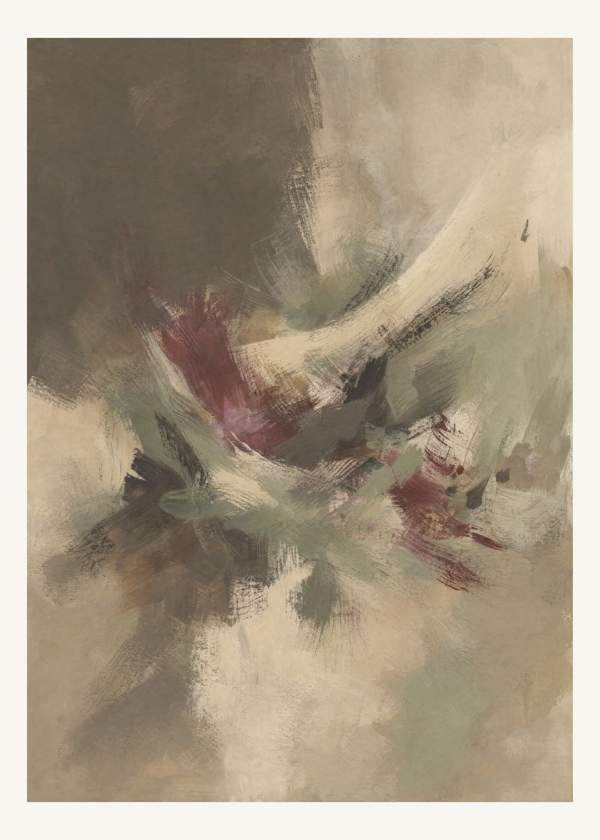 Abstrakt måleriskt motiv i brun-beige, varm krita, vinrött, dämpad salvia. Korta, torra penseldrag möter en bredare rörelse i en färgrik mittpunkt med luft runt omkring. 50 × 70 cm.