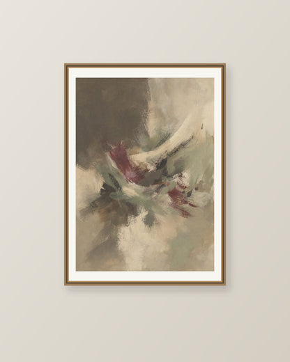 Abstrakt måleriskt motiv i brun-beige, varm krita, vinrött, dämpad salvia. Korta, torra penseldrag möter en bredare rörelse i en färgrik mittpunkt med luft runt omkring. Illustrerad inramningsvy. Ram ingår inte.