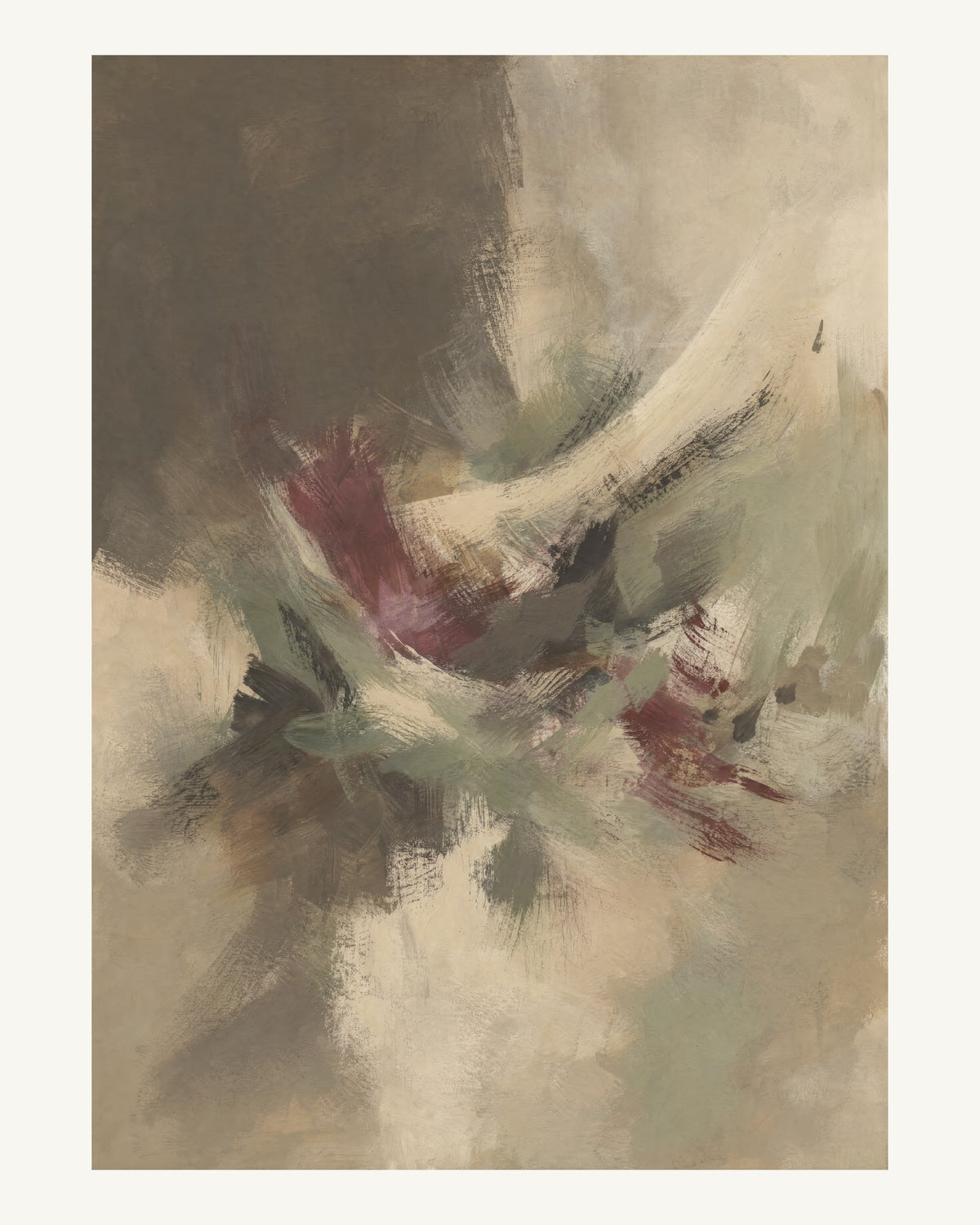 Abstrakt måleriskt motiv i brun-beige, varm krita, vinrött, dämpad salvia. Korta, torra penseldrag möter en bredare rörelse i en färgrik mittpunkt med luft runt omkring. 40 × 50 cm.