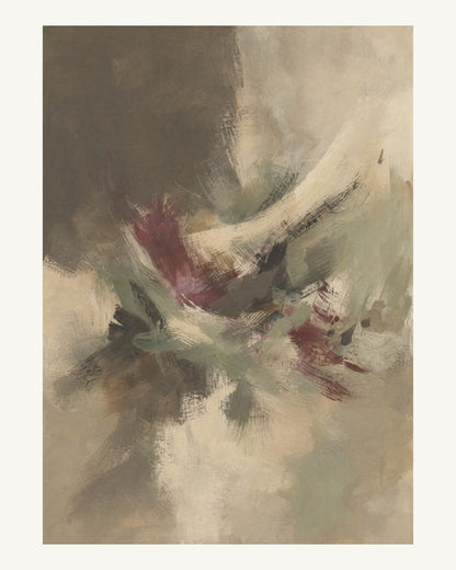 Abstrakt måleriskt motiv i brun-beige, varm krita, vinrött, dämpad salvia. Korta, torra penseldrag möter en bredare rörelse i en färgrik mittpunkt med luft runt omkring. 40 × 50 cm.