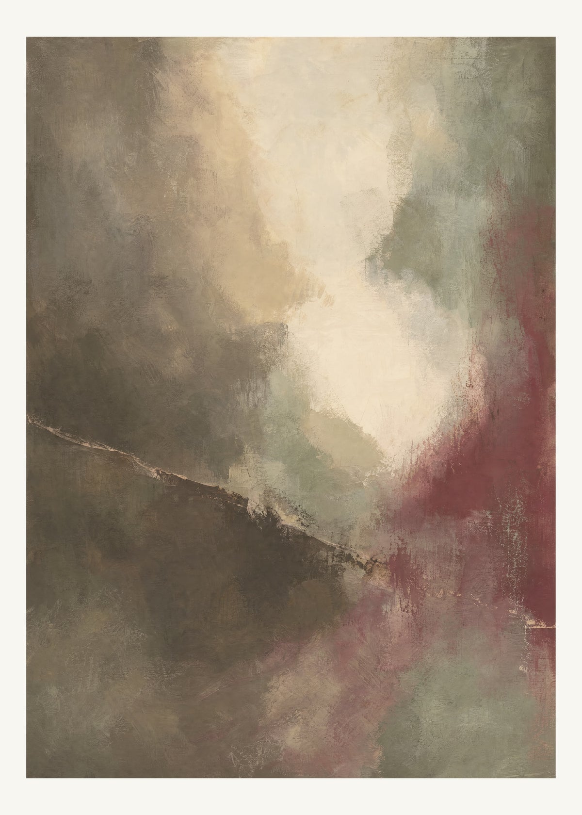 Abstrakt måleriskt motiv i brun-beige, varm krita, vinrött, dämpad salvia. Mjuka färgfält löser upp sig kring ett ljust mellanrum, med diskreta skrapningar som ger ytan liv. 50 × 70 cm.