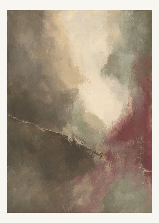 Abstrakt måleriskt motiv i brun-beige, varm krita, vinrött, dämpad salvia. Mjuka färgfält löser upp sig kring ett ljust mellanrum, med diskreta skrapningar som ger ytan liv. 50 × 70 cm.
