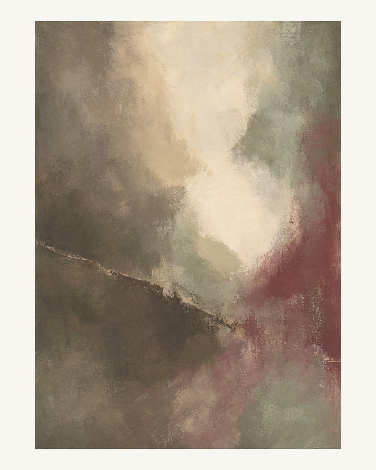 Abstrakt måleriskt motiv i brun-beige, varm krita, vinrött, dämpad salvia. Mjuka färgfält löser upp sig kring ett ljust mellanrum, med diskreta skrapningar som ger ytan liv. 40 × 50 cm.