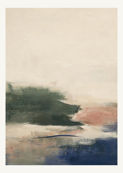Abstrakt måleriskt motiv i djupgrön, benvitt, djup indigo, lerrosa. Breda, ojämna färglager möts kring en avbruten horisont och lämnar gott om ljus luft. 50 × 70 cm.