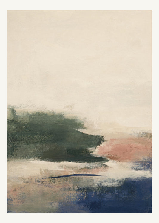 Abstrakt måleriskt motiv i djupgrön, benvitt, djup indigo, lerrosa. Breda, ojämna färglager möts kring en avbruten horisont och lämnar gott om ljus luft. 50 × 70 cm.