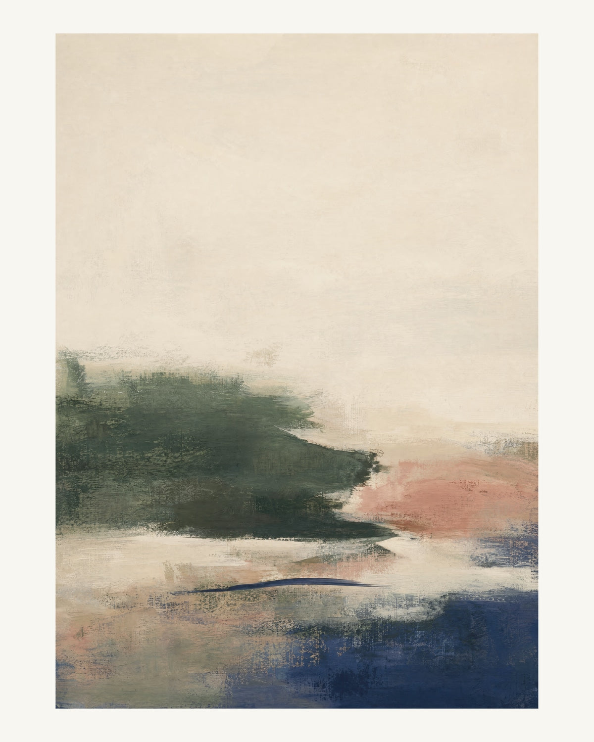 Abstrakt måleriskt motiv i djupgrön, benvitt, djup indigo, lerrosa. Breda, ojämna färglager möts kring en avbruten horisont och lämnar gott om ljus luft. 40 × 50 cm.