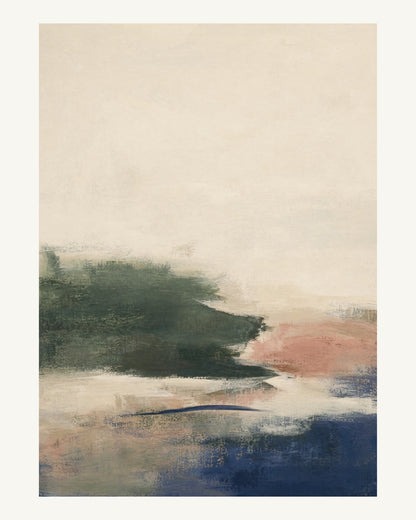 Abstrakt måleriskt motiv i djupgrön, benvitt, djup indigo, lerrosa. Breda, ojämna färglager möts kring en avbruten horisont och lämnar gott om ljus luft. 40 × 50 cm.
