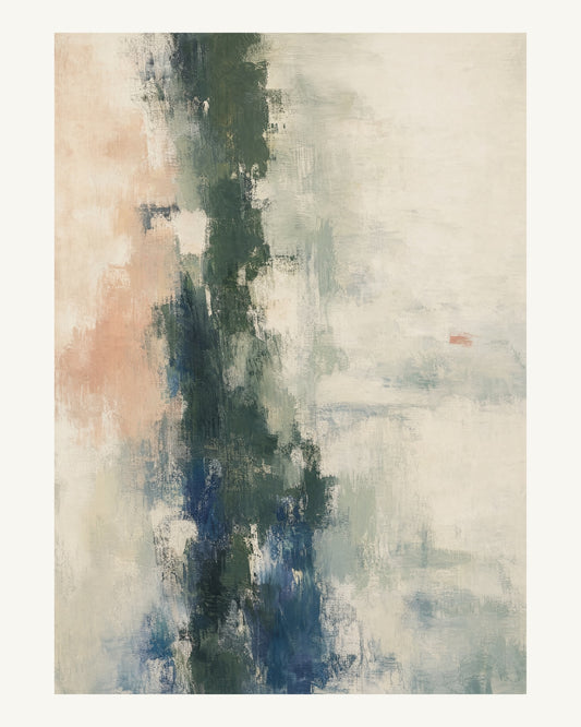 Abstrakt måleriskt motiv i djupgrön, benvitt, djup indigo, lerrosa. Ett brutet lodrätt färgstråk möter tunna utsuddade slöjor och en liten förskjuten accent. 40 × 50 cm.