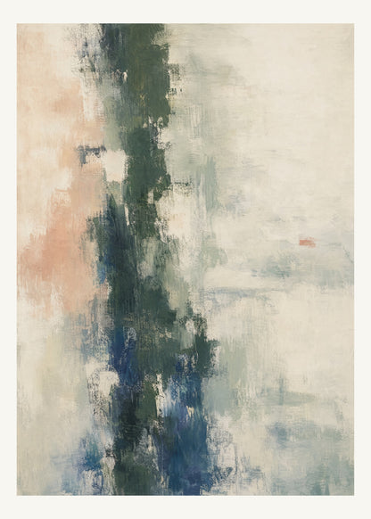 Abstrakt måleriskt motiv i djupgrön, benvitt, djup indigo, lerrosa. Ett brutet lodrätt färgstråk möter tunna utsuddade slöjor och en liten förskjuten accent. 50 × 70 cm.