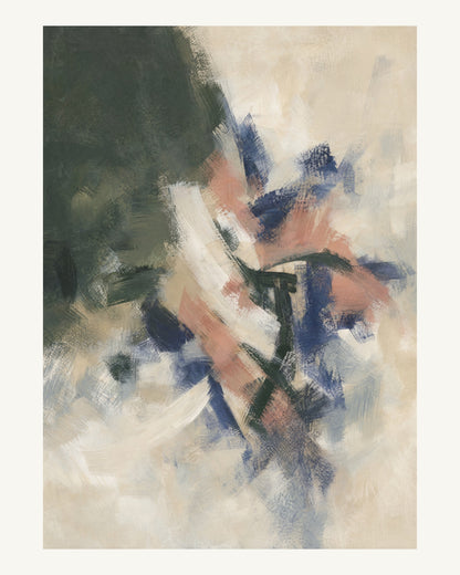 Abstrakt måleriskt motiv i djupgrön, benvitt, djup indigo, lerrosa. Korta, torra penseldrag möter en bredare rörelse i en färgrik mittpunkt med luft runt omkring. 40 × 50 cm.