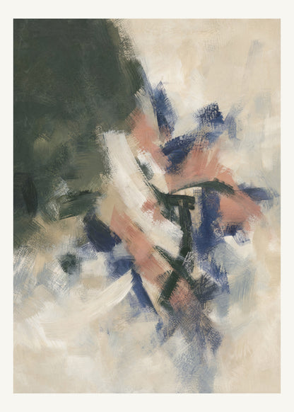Abstrakt måleriskt motiv i djupgrön, benvitt, djup indigo, lerrosa. Korta, torra penseldrag möter en bredare rörelse i en färgrik mittpunkt med luft runt omkring. 50 × 70 cm.