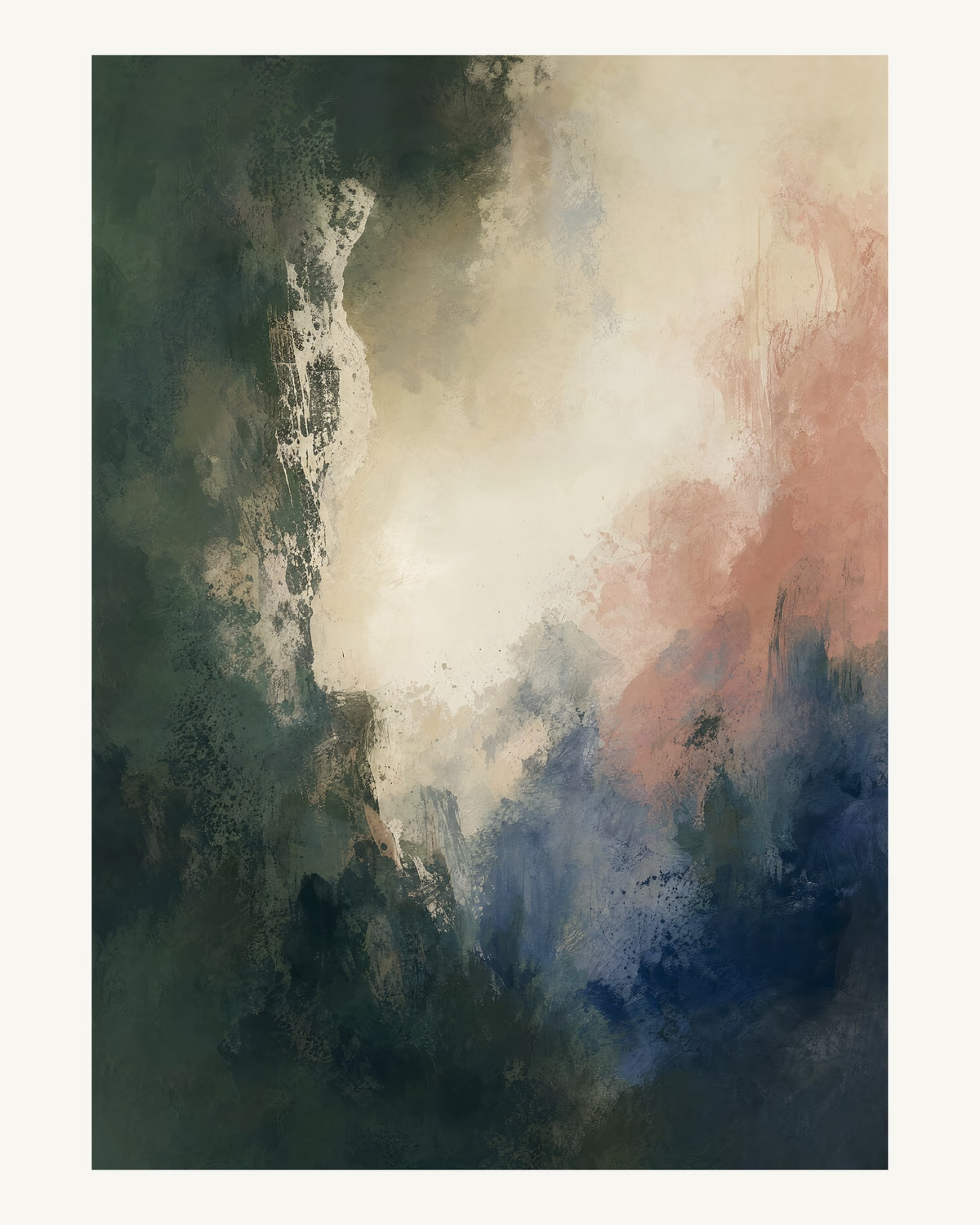 Abstrakt måleriskt motiv i djupgrön, benvitt, djup indigo, lerrosa. Mjuka färgfält löser upp sig kring ett ljust mellanrum, med diskreta skrapningar som ger ytan liv. 40 × 50 cm.