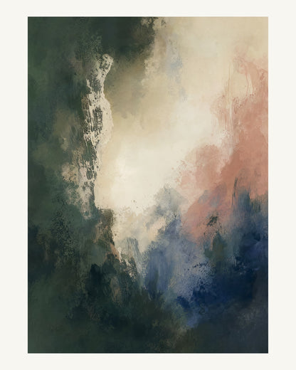 Abstrakt måleriskt motiv i djupgrön, benvitt, djup indigo, lerrosa. Mjuka färgfält löser upp sig kring ett ljust mellanrum, med diskreta skrapningar som ger ytan liv. 40 × 50 cm.