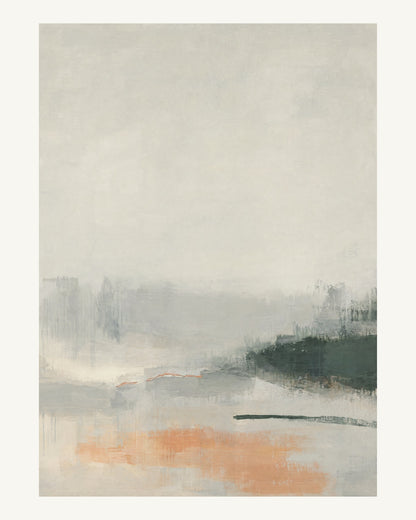 Abstrakt måleriskt motiv i ljusgrå, ljus kalk, skogsskugga, aprikos. Breda, ojämna färglager möts kring en avbruten horisont och lämnar gott om ljus luft. 40 × 50 cm.