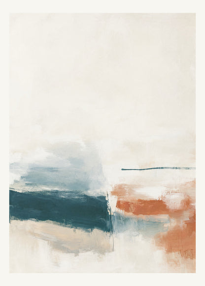 Abstrakt måleriskt motiv i vit/klarglas, pappersvitt, petroleum, bränd terrakotta. Breda, ojämna färglager möts kring en avbruten horisont och lämnar gott om ljus luft. 50 × 70 cm.