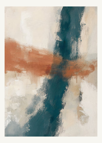Abstrakt måleriskt motiv i vit/klarglas, pappersvitt, petroleum, bränd terrakotta. Två olika penselrörelser möts i en öppen, asymmetrisk komposition med synliga underliggande färglager. 50 × 70 cm.