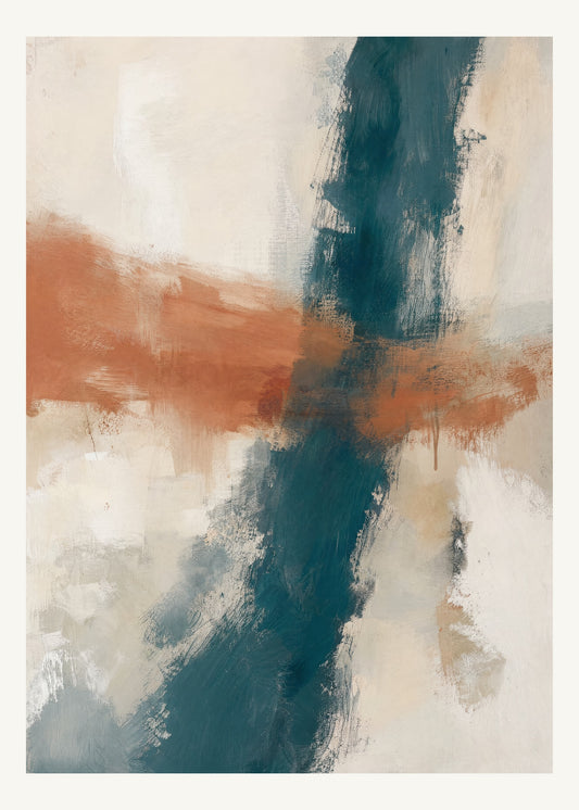 Abstrakt måleriskt motiv i vit/klarglas, pappersvitt, petroleum, bränd terrakotta. Två olika penselrörelser möts i en öppen, asymmetrisk komposition med synliga underliggande färglager. 50 × 70 cm.