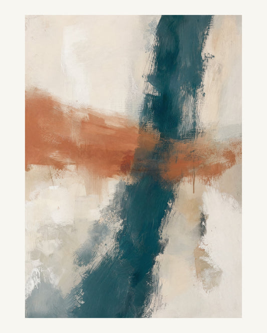 Abstrakt måleriskt motiv i vit/klarglas, pappersvitt, petroleum, bränd terrakotta. Två olika penselrörelser möts i en öppen, asymmetrisk komposition med synliga underliggande färglager. 40 × 50 cm.