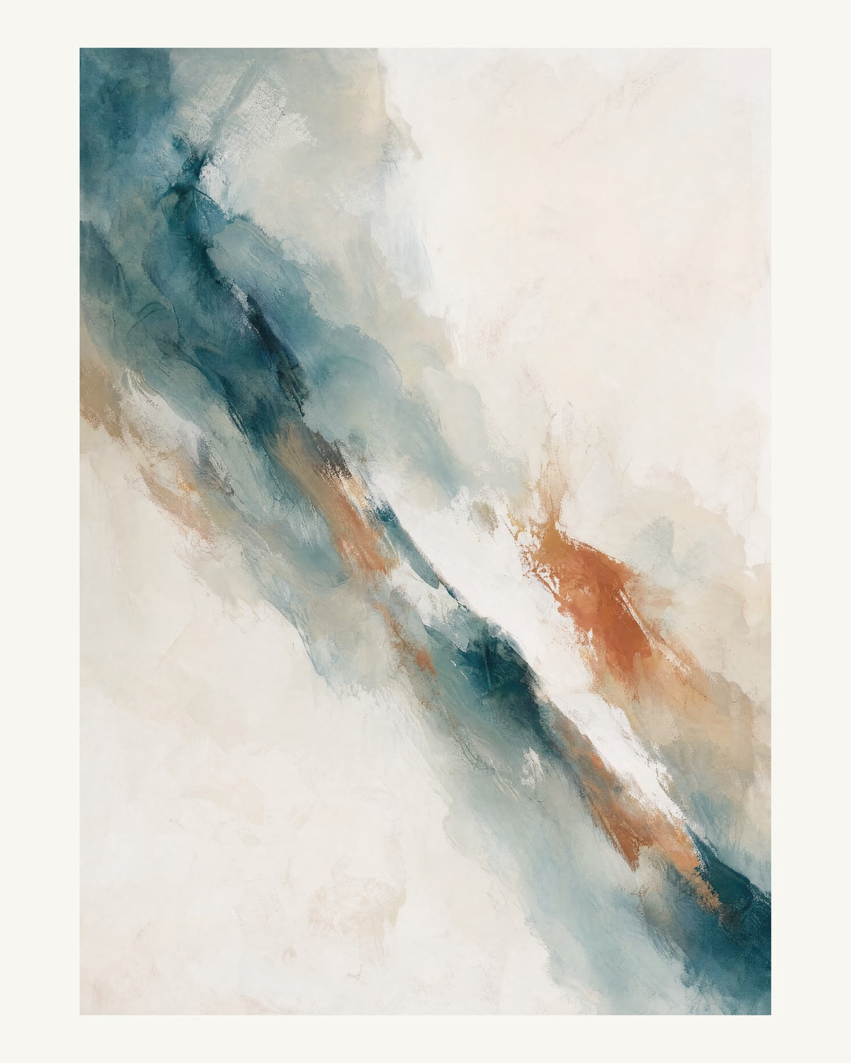 Abstrakt måleriskt motiv i vit/klarglas, pappersvitt, petroleum, bränd terrakotta. Tunna färgslöjor glider diagonalt över ljusa partier, med ett tätare färgavtryck som motvikt. 40 × 50 cm.