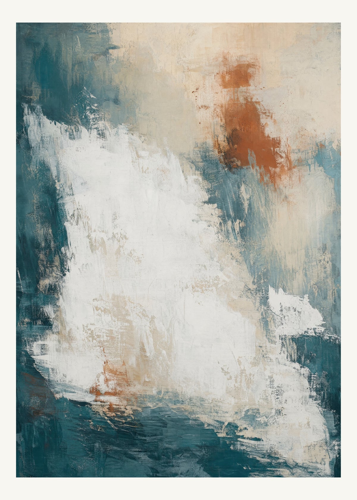 Abstrakt måleriskt motiv i vit/klarglas, pappersvitt, petroleum, bränd terrakotta. Ett fylligt, oregelbundet färgfält får tyngd av skrapade lager och bryts av ljusare öppningar. 50 × 70 cm.